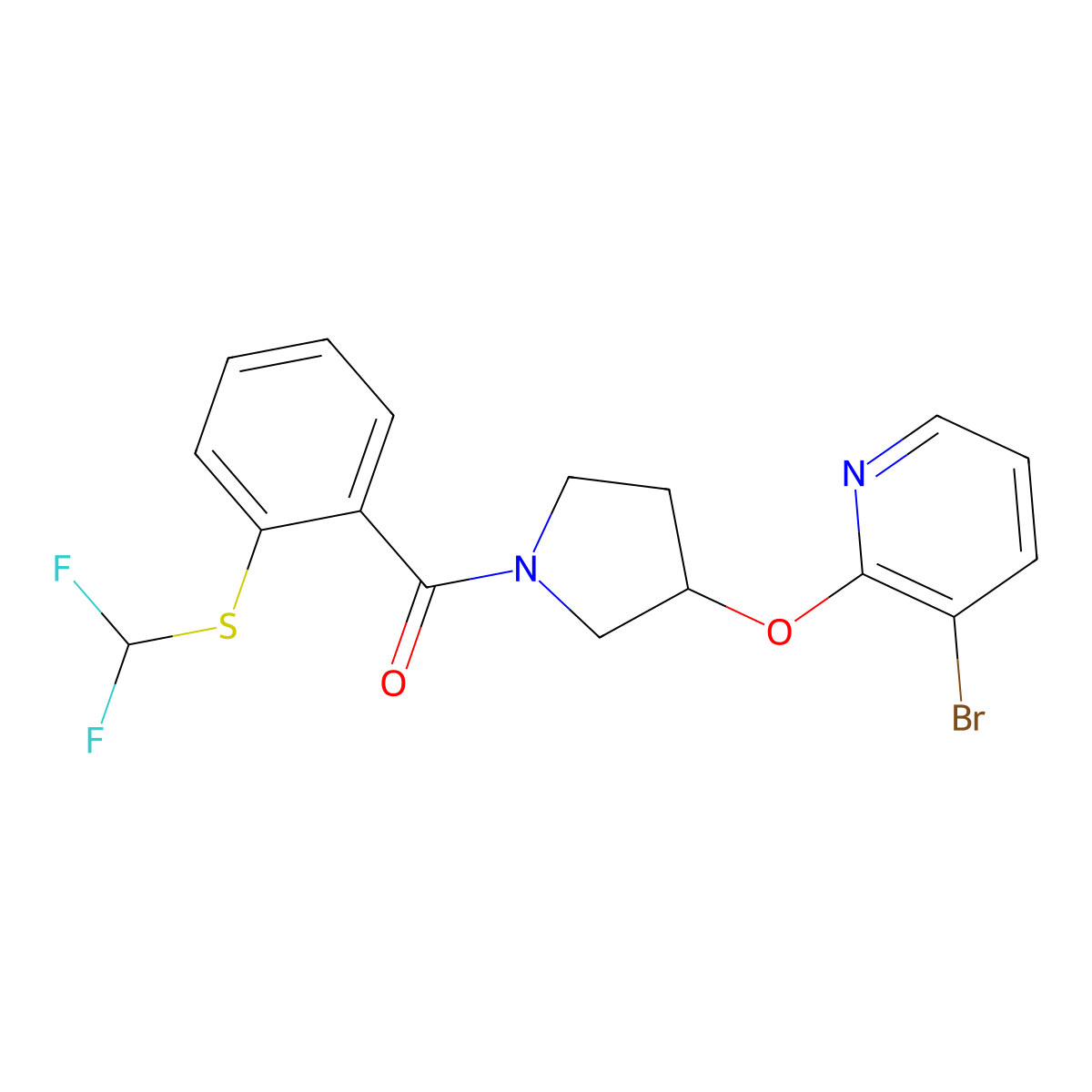 (3-((3-Bromopyridin-2-yl)oxy)pyrrolidin-1-yl)(2-((difluoromethyl)thio)phenyl)methanone molecular structure, CAS 1904096-36-1
