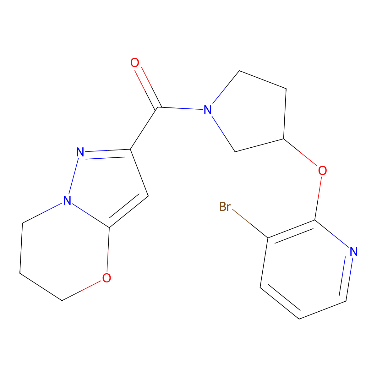 (3-((3-bromopyridin-2-yl)oxy)pyrrolidin-1-yl)(6,7-dihydro-5H-pyrazolo[5,1-b][1,3]oxazin-2-yl)methanone molecular structure, CAS 1904097-05-7