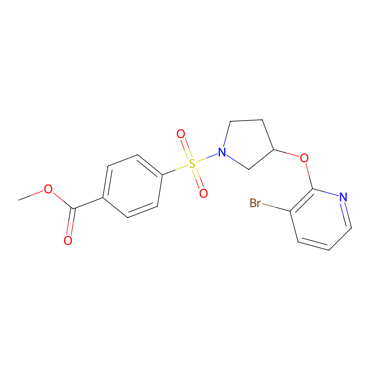 Methyl 4-((3-((3-bromopyridin-2-yl)oxy)pyrrolidin-1-yl)sulfonyl)benzoate molecular structure, CAS 1904097-88-6