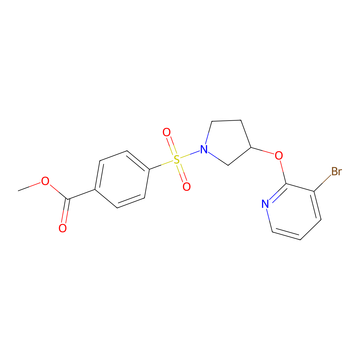 Methyl 4-((3-((3-bromopyridin-2-yl)oxy)pyrrolidin-1-yl)sulfonyl)benzoate molecular structure, CAS 1904097-88-6