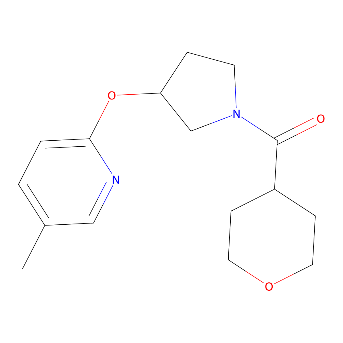 (3-((5-methylpyridin-2-yl)oxy)pyrrolidin-1-yl)(tetrahydro-2H-pyran-4-yl)methanone molecular structure, CAS 1904098-08-3