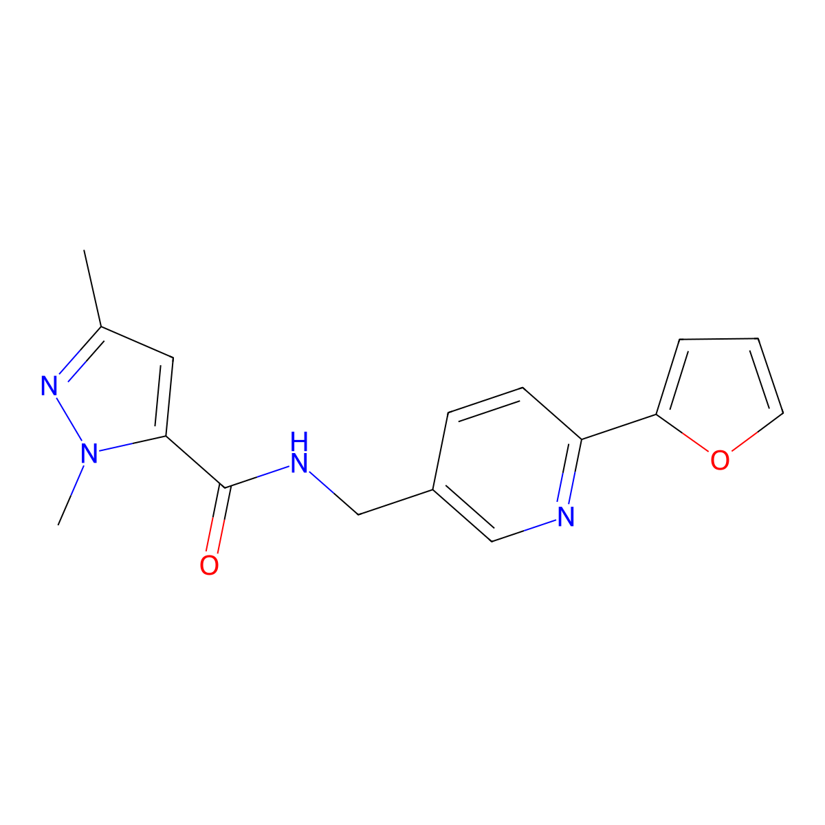 N-{[6-(furan-2-yl)pyridin-3-yl]methyl}-1,3-dimethyl-1H-pyrazole-5-carboxamide molecular structure, CAS 1904098-39-0