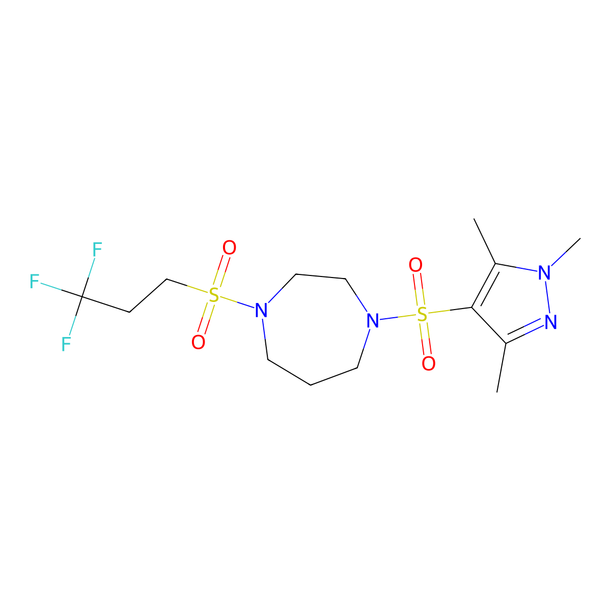 1-((3,3,3-trifluoropropyl)sulfonyl)-4-((1,3,5-trimethyl-1H-pyrazol-4-yl)sulfonyl)-1,4-diazepane molecular structure, CAS 1904115-48-5