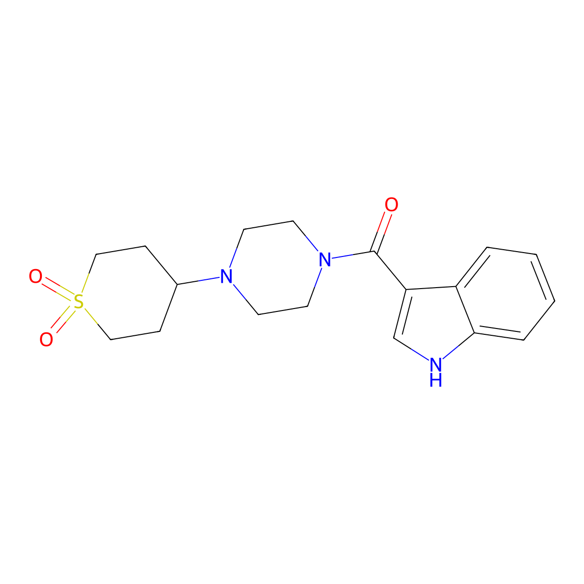 (4-(1,1-dioxidotetrahydro-2H-thiopyran-4-yl)piperazin-1-yl)(1H-indol-3-yl)methanone molecular structure, CAS 1904125-74-1
