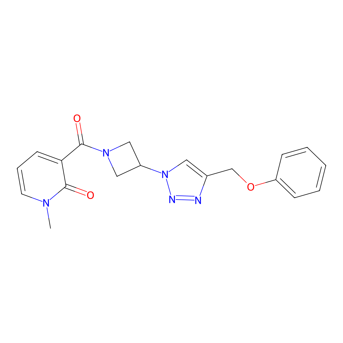 1-methyl-3-(3-(4-(phenoxymethyl)-1H-1,2,3-triazol-1-yl)azetidine-1-carbonyl)pyridin-2(1H)-one molecular structure, CAS 1904128-48-8