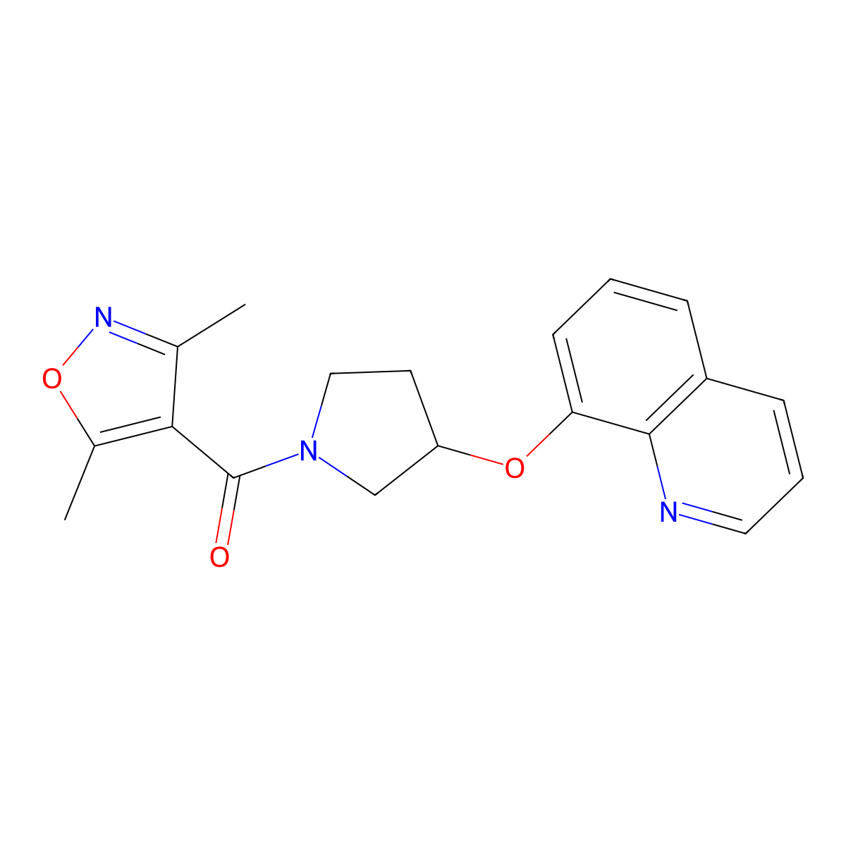 (3,5-Dimethylisoxazol-4-yl)(3-(quinolin-8-yloxy)pyrrolidin-1-yl)methanone molecular structure, CAS 1904136-56-6