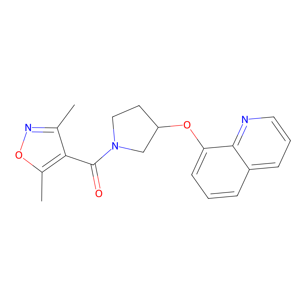 (3,5-Dimethylisoxazol-4-yl)(3-(quinolin-8-yloxy)pyrrolidin-1-yl)methanone molecular structure, CAS 1904136-56-6