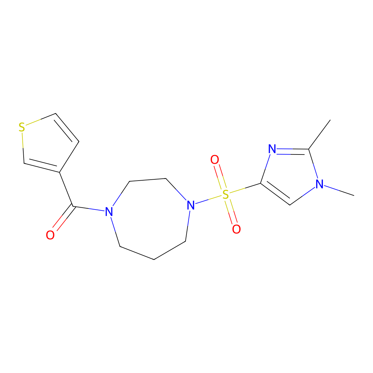 (4-((1,2-dimethyl-1H-imidazol-4-yl)sulfonyl)-1,4-diazepan-1-yl)(thiophen-3-yl)methanone molecular structure, CAS 1904152-97-1