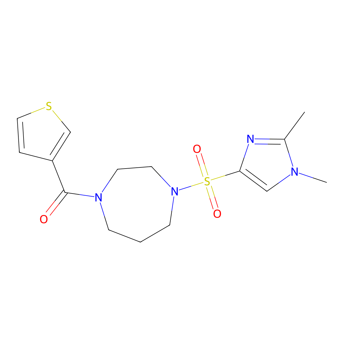 (4-((1,2-dimethyl-1H-imidazol-4-yl)sulfonyl)-1,4-diazepan-1-yl)(thiophen-3-yl)methanone molecular structure, CAS 1904152-97-1