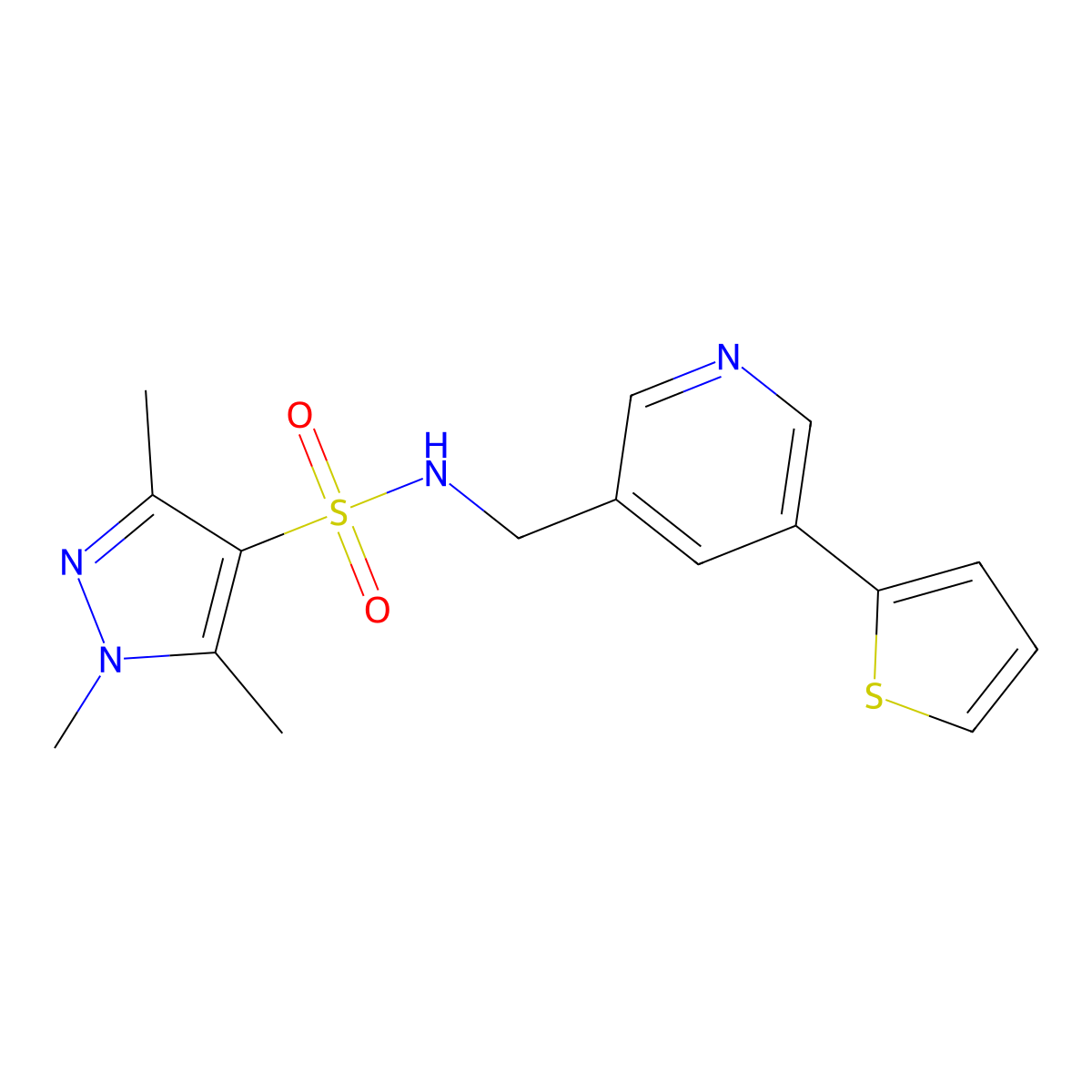 1,3,5-trimethyl-N-((5-(thiophen-2-yl)pyridin-3-yl)methyl)-1H-pyrazole-4-sulfonamide molecular structure, CAS 1904163-75-2