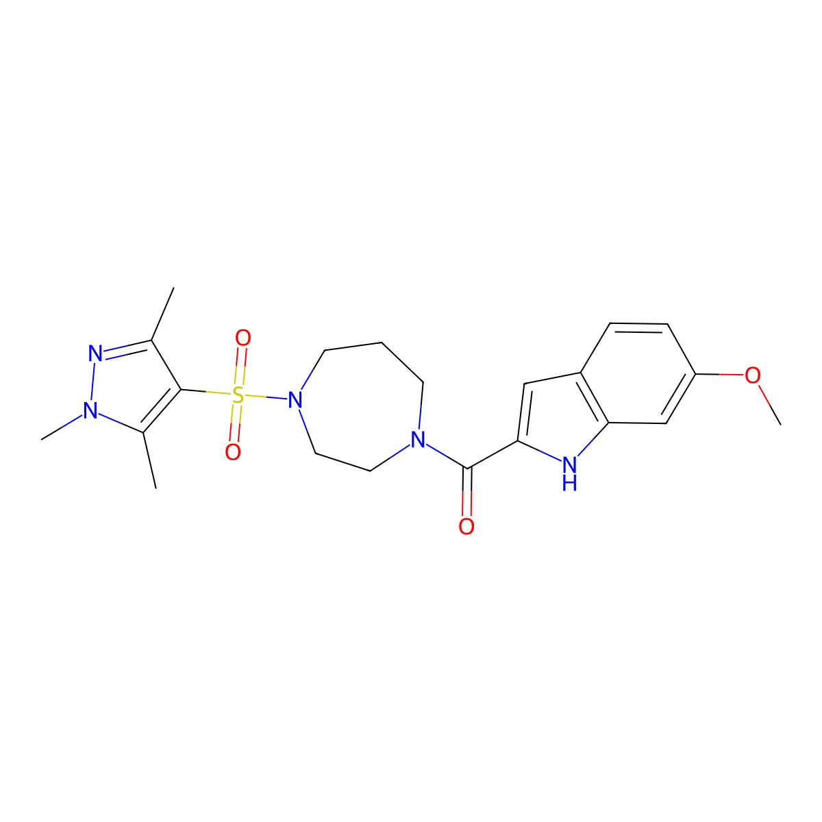 (6-methoxy-1H-indol-2-yl)(4-((1,3,5-trimethyl-1H-pyrazol-4-yl)sulfonyl)-1,4-diazepan-1-yl)methanone molecular structure, CAS 1904165-53-2
