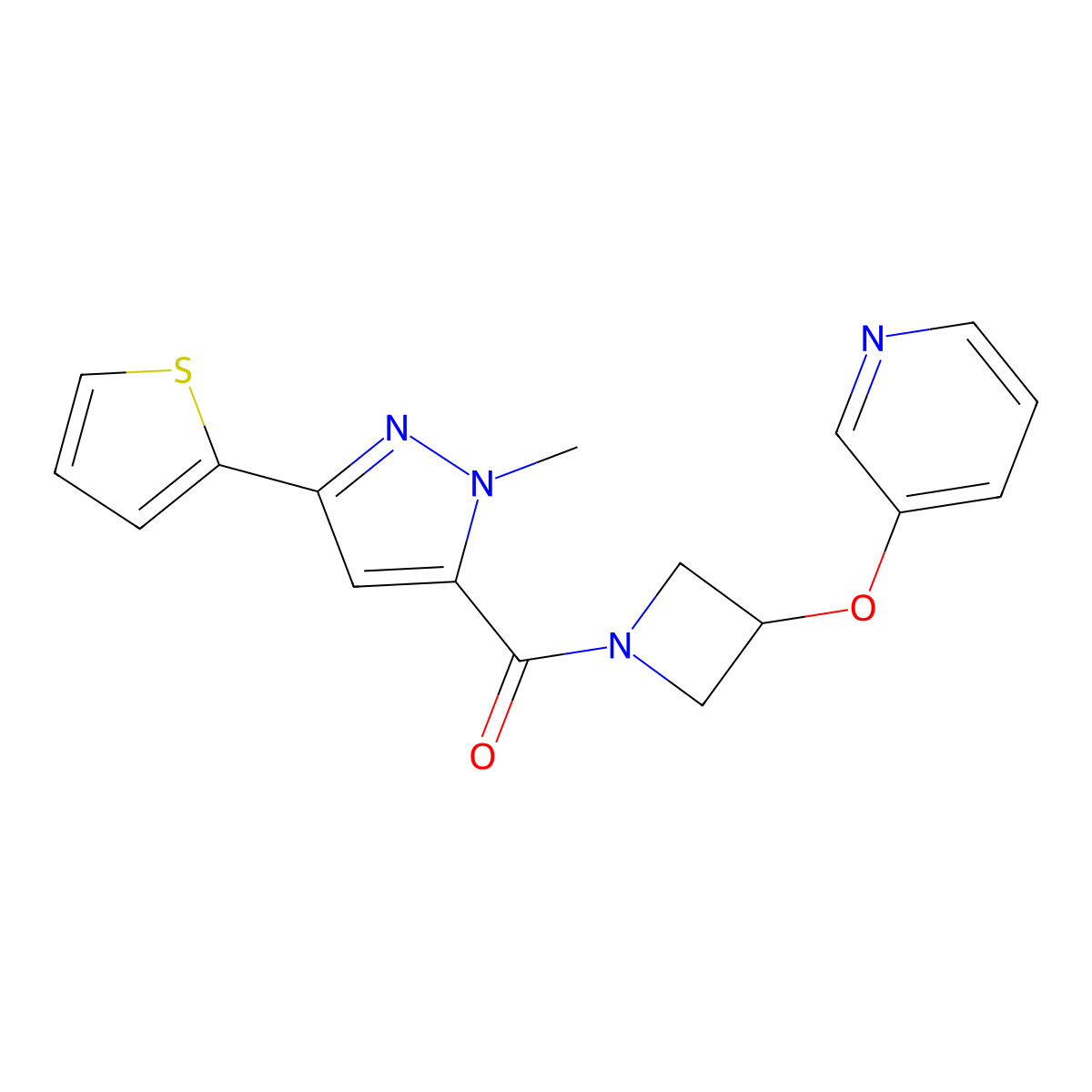 (1-methyl-3-(thiophen-2-yl)-1H-pyrazol-5-yl)(3-(pyridin-3-yloxy)azetidin-1-yl)methanone molecular structure, CAS 1904167-91-4