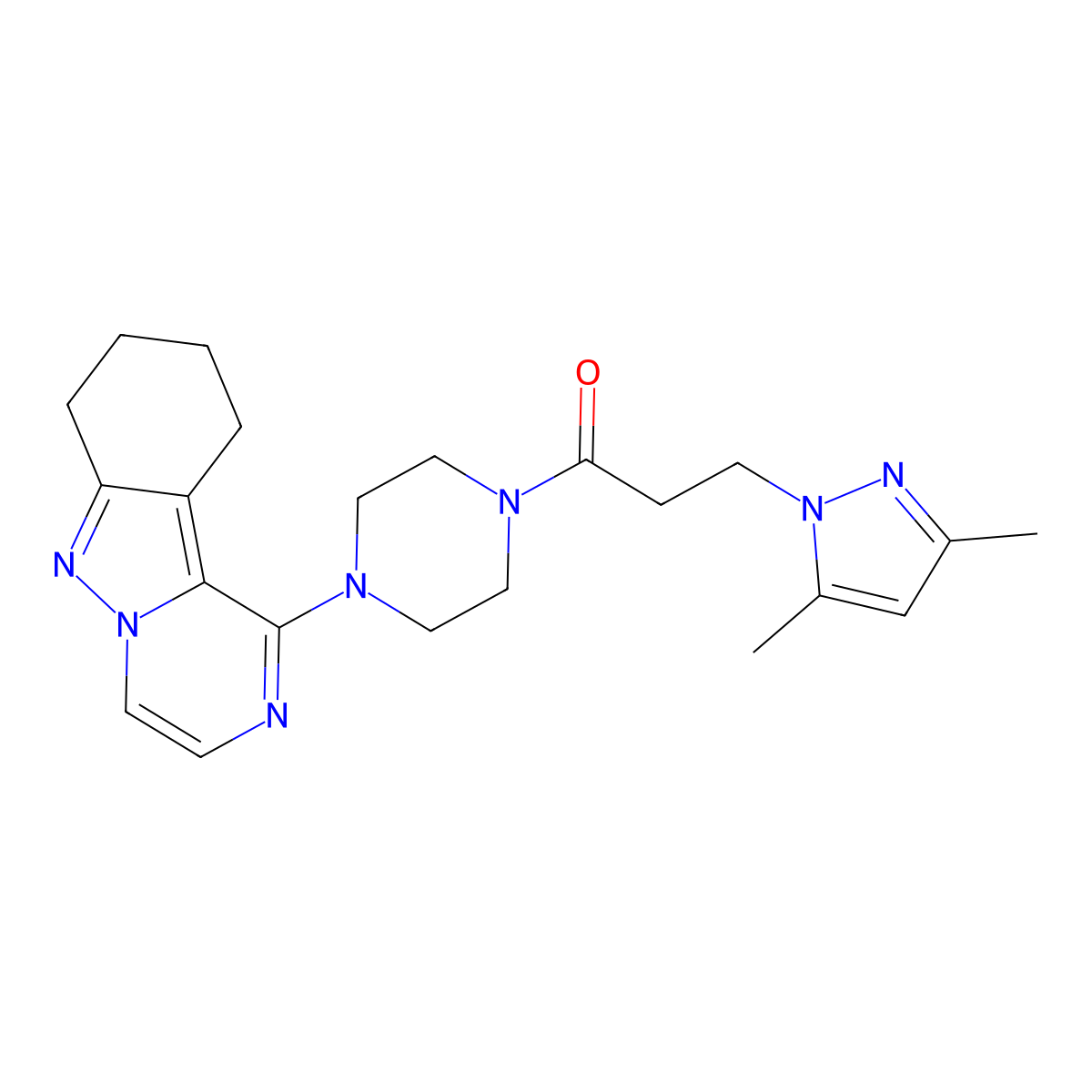 3-(3,5-dimethyl-1H-pyrazol-1-yl)-1-(4-(7,8,9,10-tetrahydropyrazino[1,2-b]indazol-1-yl)piperazin-1-yl)propan-1-one molecular structure, CAS 1904178-04-6