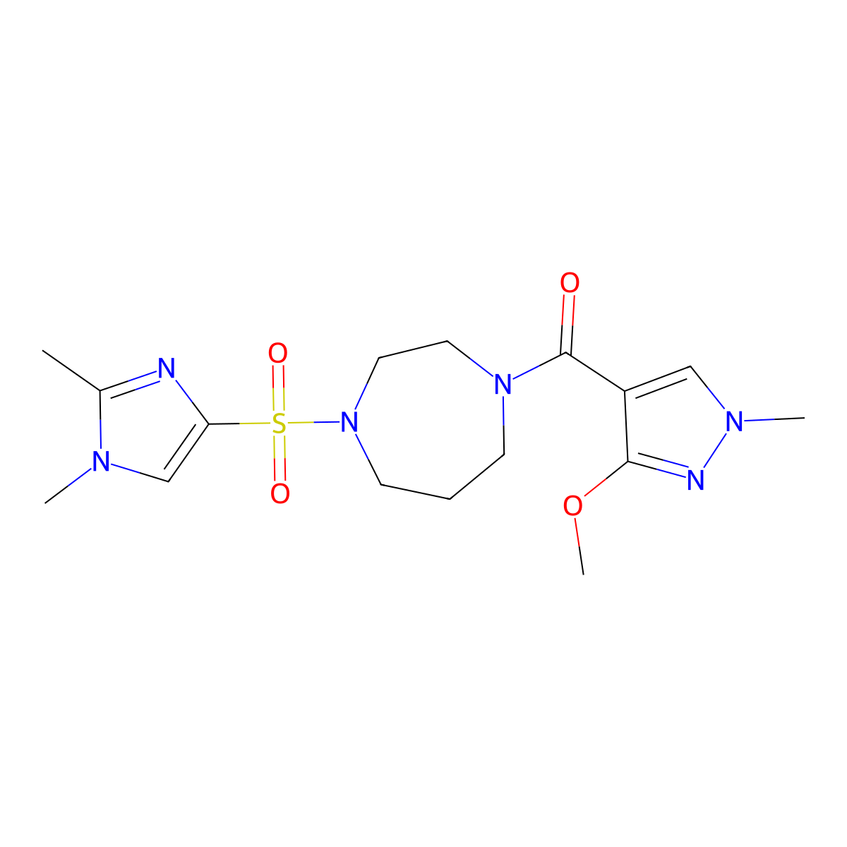 (4-((1,2-dimethyl-1H-imidazol-4-yl)sulfonyl)-1,4-diazepan-1-yl)(3-methoxy-1-methyl-1H-pyrazol-4-yl)methanone molecular structure, CAS 1904178-86-4