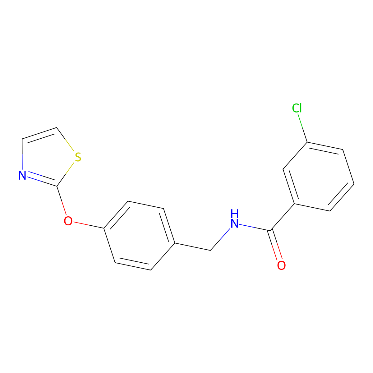 3-chloro-N-(4-(thiazol-2-yloxy)benzyl)benzamide molecular structure, CAS 1904184-29-7