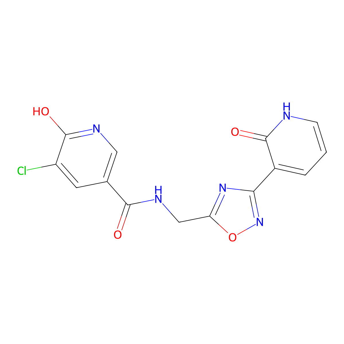 5-chloro-6-hydroxy-N-((3-(2-oxo-1,2-dihydropyridin-3-yl)-1,2,4-oxadiazol-5-yl)methyl)nicotinamide molecular structure, CAS 1904185-56-3