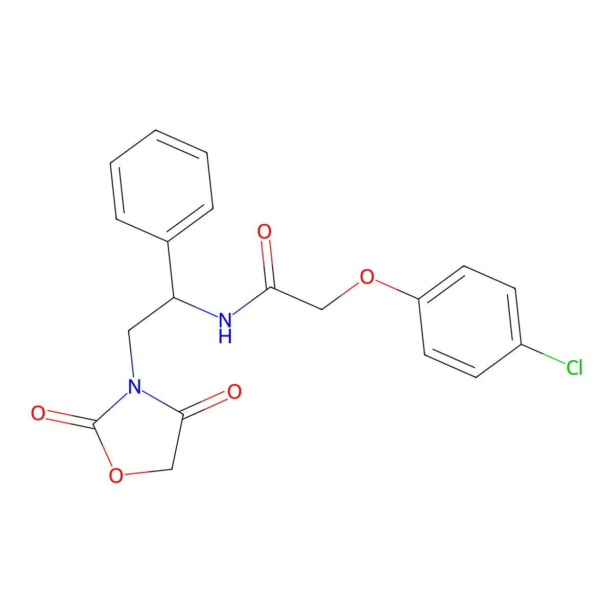 2-(4-chlorophenoxy)-N-(2-(2,4-dioxooxazolidin-3-yl)-1-phenylethyl)acetamide molecular structure, CAS 1904185-95-0
