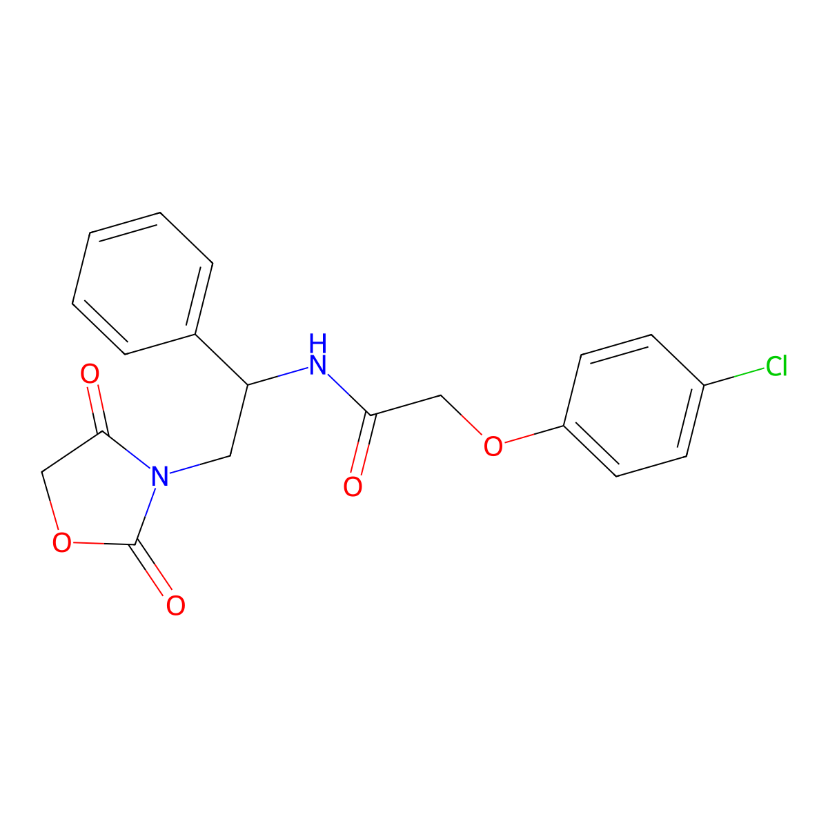 2-(4-chlorophenoxy)-N-(2-(2,4-dioxooxazolidin-3-yl)-1-phenylethyl)acetamide molecular structure, CAS 1904185-95-0