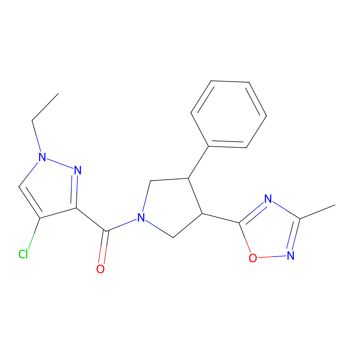 (4-chloro-1-ethyl-1H-pyrazol-3-yl)(3-(3-methyl-1,2,4-oxadiazol-5-yl)-4-phenylpyrrolidin-1-yl)methanone molecular structure, CAS 1904186-17-9