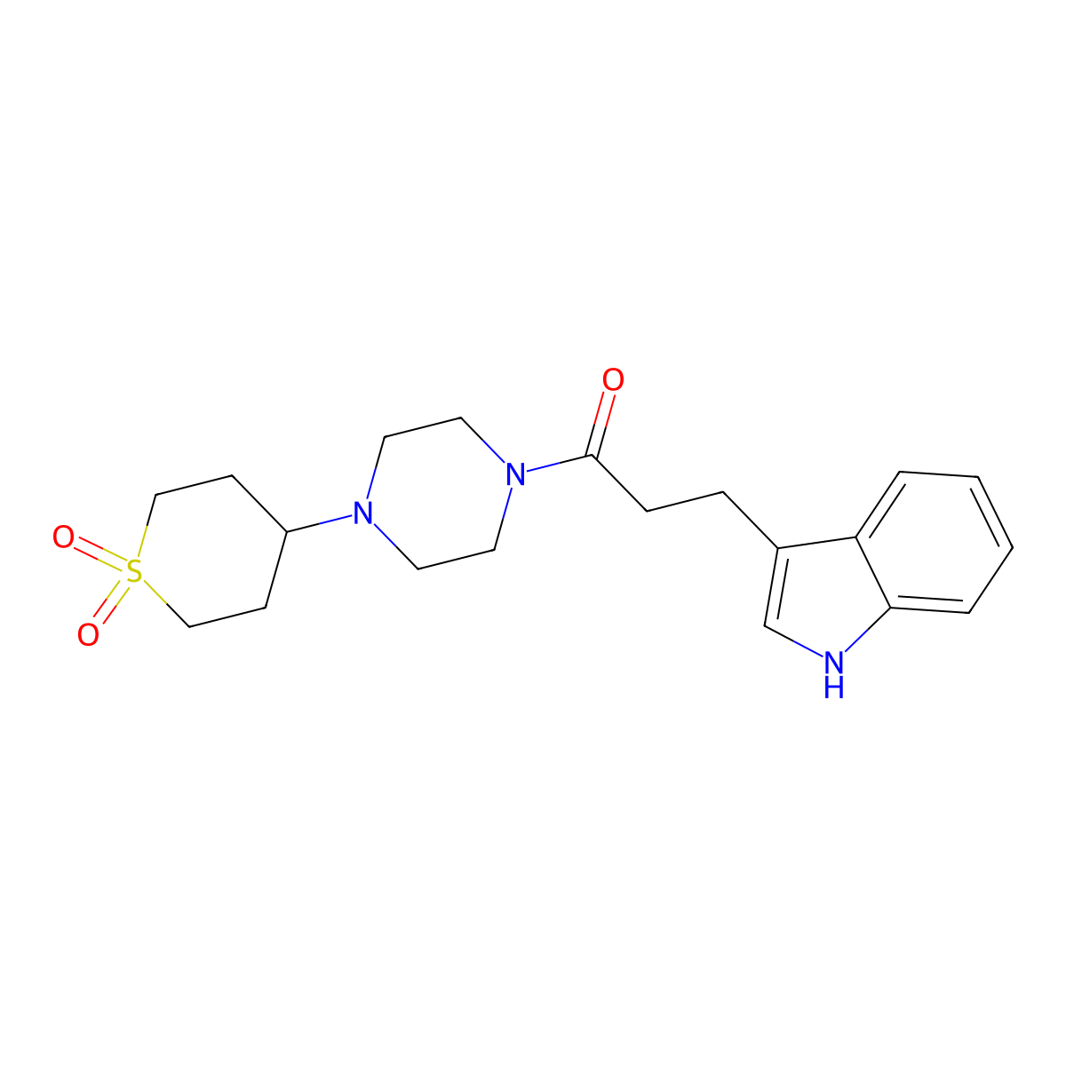 1-(4-(1,1-dioxidotetrahydro-2H-thiopyran-4-yl)piperazin-1-yl)-3-(1H-indol-3-yl)propan-1-one molecular structure, CAS 1904187-06-9