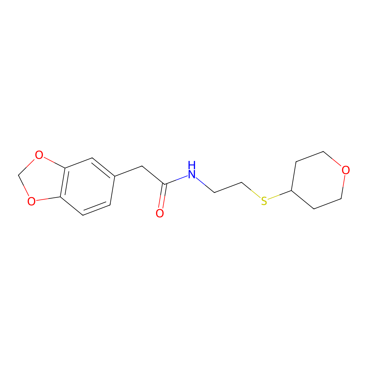 2-(benzo[d][1,3]dioxol-5-yl)-N-(2-((tetrahydro-2H-pyran-4-yl)thio)ethyl)acetamide molecular structure, CAS 1904197-23-4
