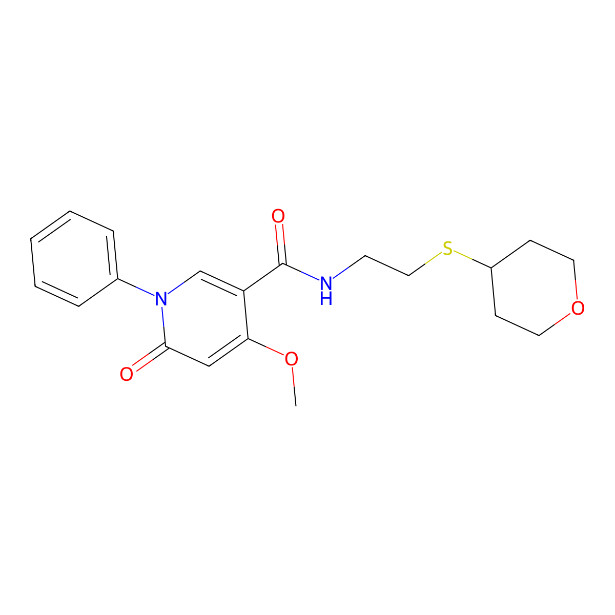 4-methoxy-N-[2-(oxan-4-ylsulfanyl)ethyl]-6-oxo-1-phenyl-1,6-dihydropyridine-3-carboxamide molecular structure, CAS 1904198-49-7