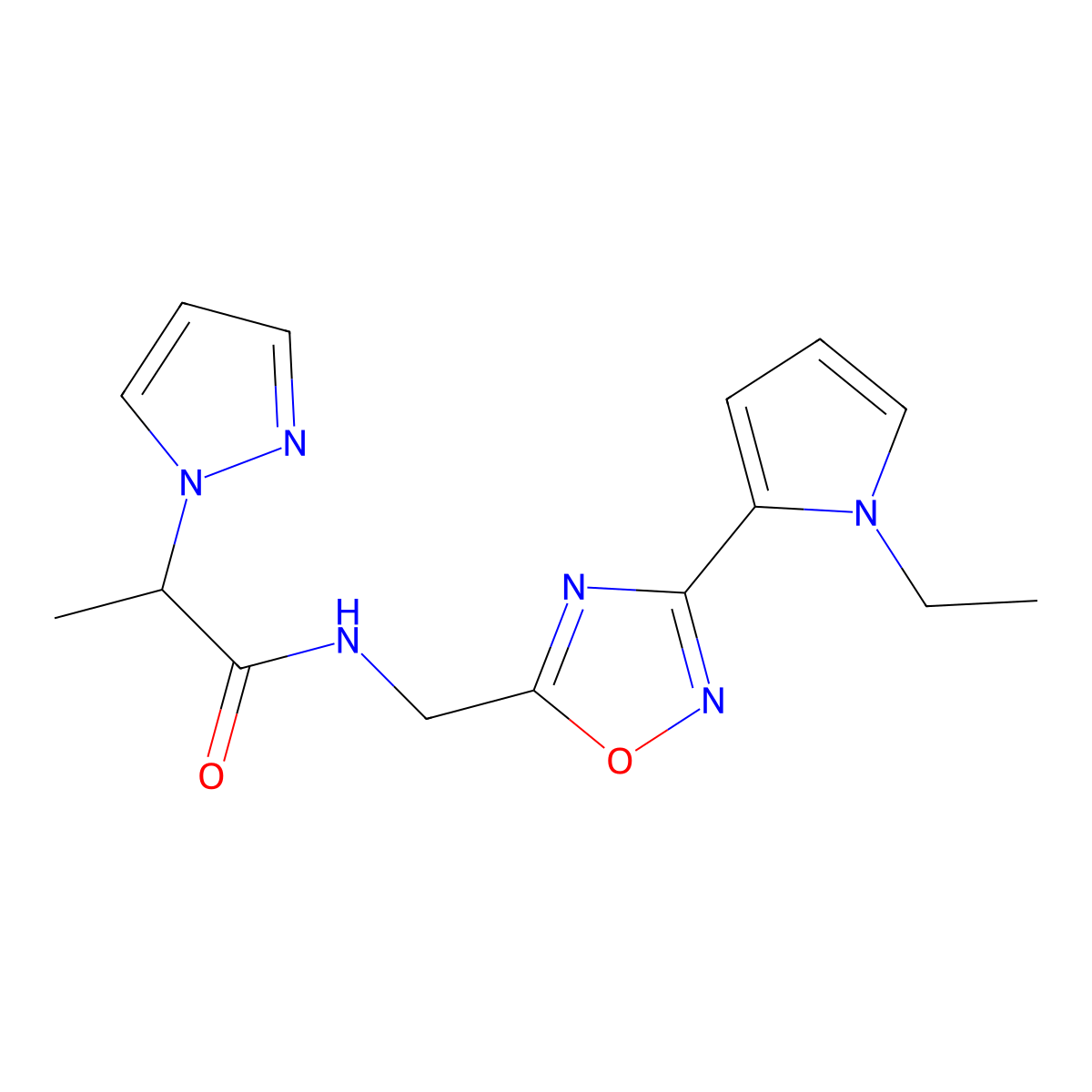 N-{[3-(1-ethyl-1H-pyrrol-2-yl)-1,2,4-oxadiazol-5-yl]methyl}-2-(1H-pyrazol-1-yl)propanamide molecular structure, CAS 1904198-60-2