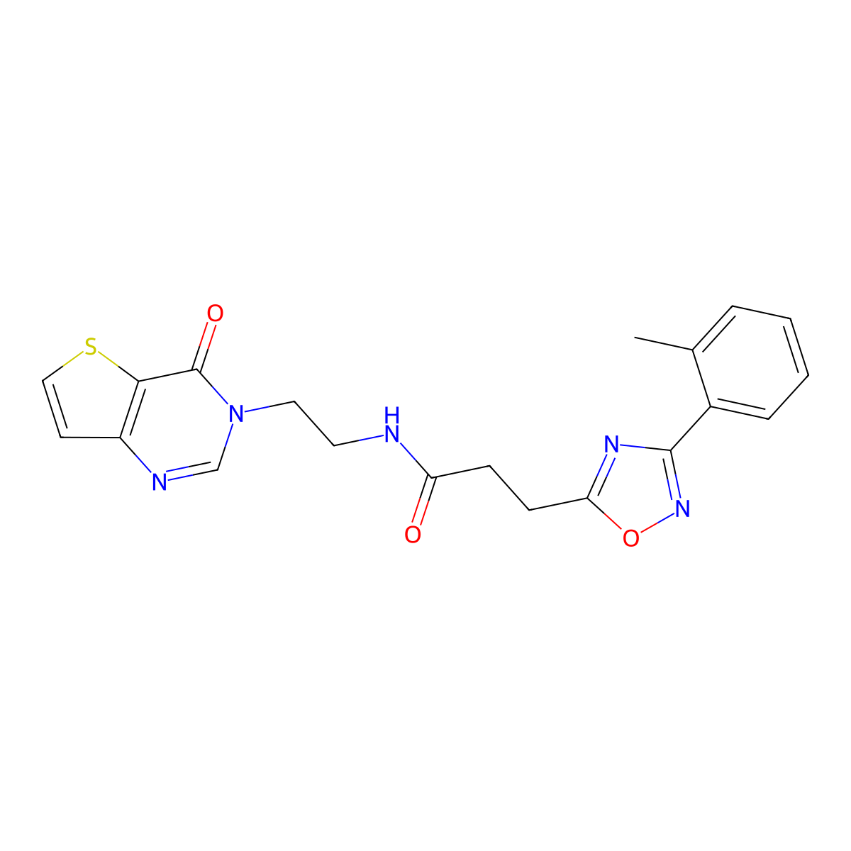 N-(2-(4-oxothieno[3,2-d]pyrimidin-3(4H)-yl)ethyl)-3-(3-(o-tolyl)-1,2,4-oxadiazol-5-yl)propanamide molecular structure, CAS 1904199-36-5