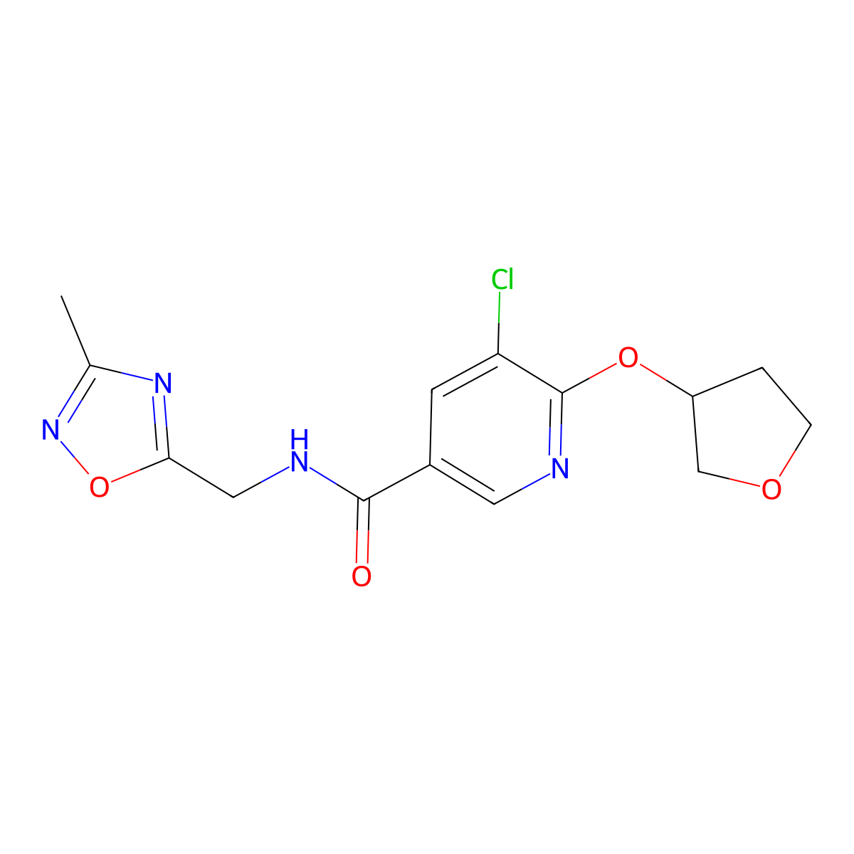 5-chloro-N-((3-methyl-1,2,4-oxadiazol-5-yl)methyl)-6-((tetrahydrofuran-3-yl)oxy)nicotinamide molecular structure, CAS 1904211-19-3