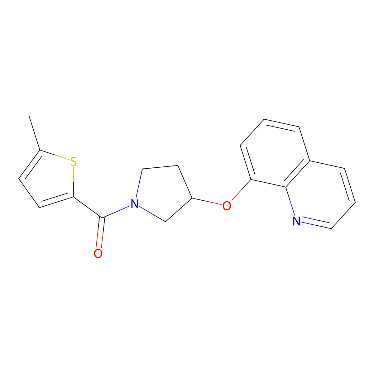 (5-Methylthiophen-2-yl)(3-(quinolin-8-yloxy)pyrrolidin-1-yl)methanone molecular structure, CAS 1904213-90-6
