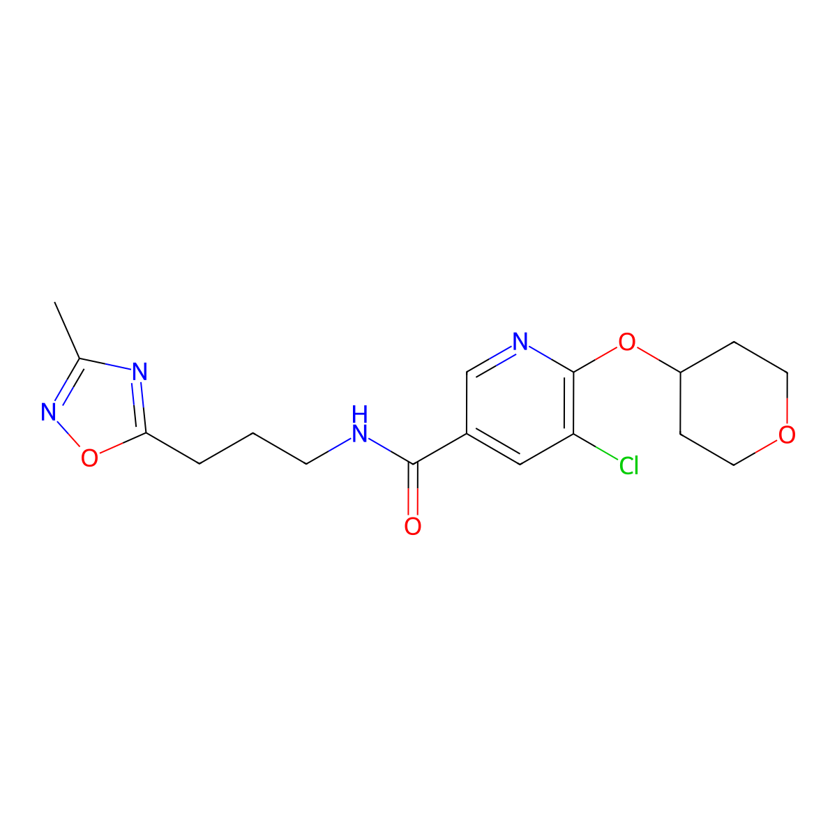 5-chloro-N-(3-(3-methyl-1,2,4-oxadiazol-5-yl)propyl)-6-((tetrahydro-2H-pyran-4-yl)oxy)nicotinamide molecular structure, CAS 1904214-39-6