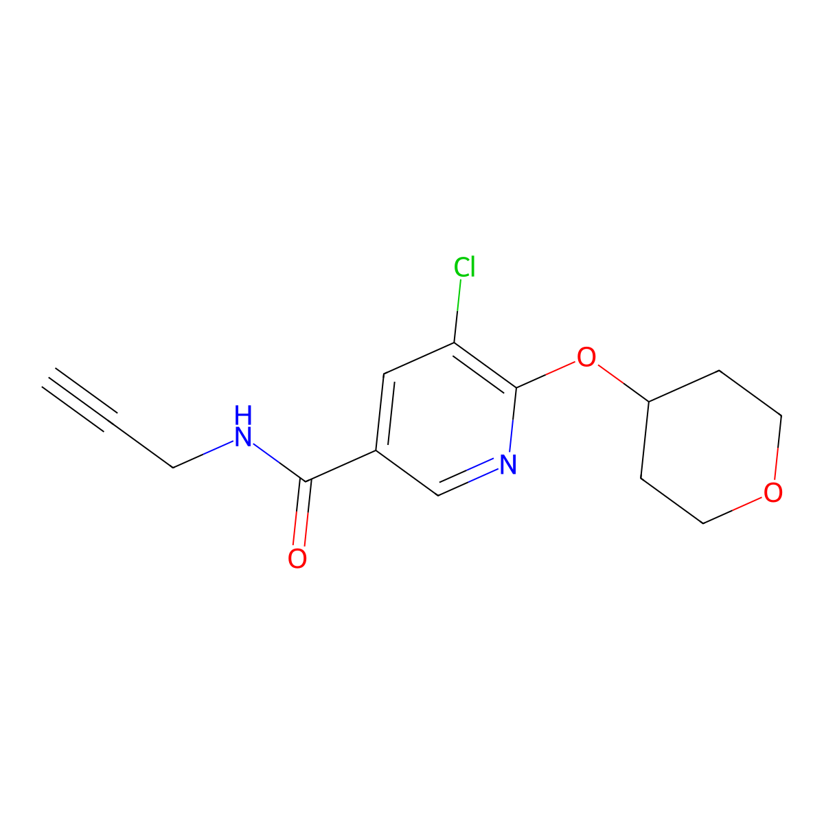 5-chloro-N-(prop-2-yn-1-yl)-6-((tetrahydro-2H-pyran-4-yl)oxy)nicotinamide molecular structure, CAS 1904214-67-0