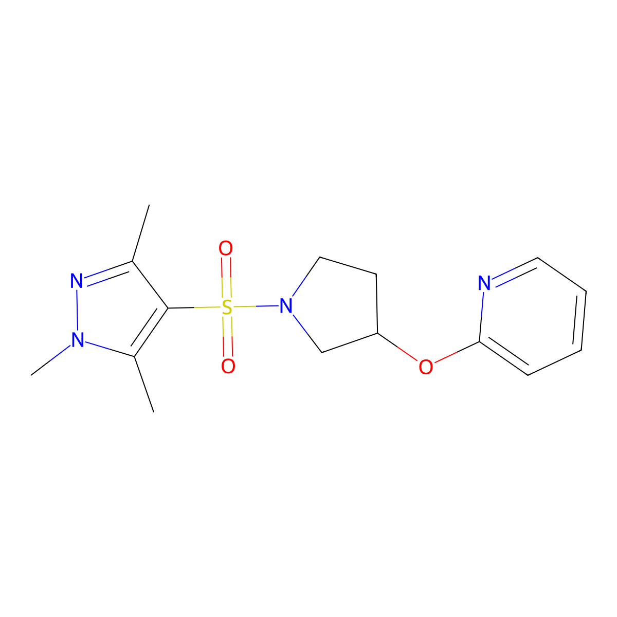2-({1-[(1,3,5-trimethyl-1H-pyrazol-4-yl)sulfonyl]pyrrolidin-3-yl}oxy)pyridine molecular structure, CAS 1904215-91-3