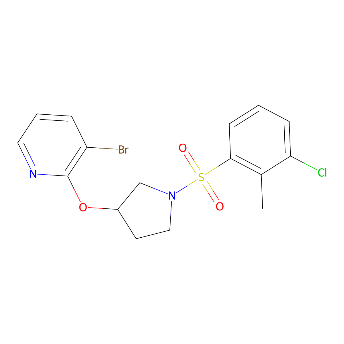 3-Bromo-2-((1-((3-chloro-2-methylphenyl)sulfonyl)pyrrolidin-3-yl)oxy)pyridine molecular structure, CAS 1904220-05-8