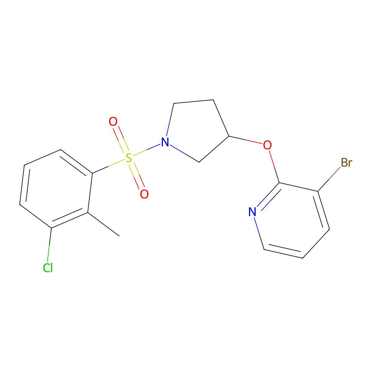 3-Bromo-2-((1-((3-chloro-2-methylphenyl)sulfonyl)pyrrolidin-3-yl)oxy)pyridine molecular structure, CAS 1904220-05-8