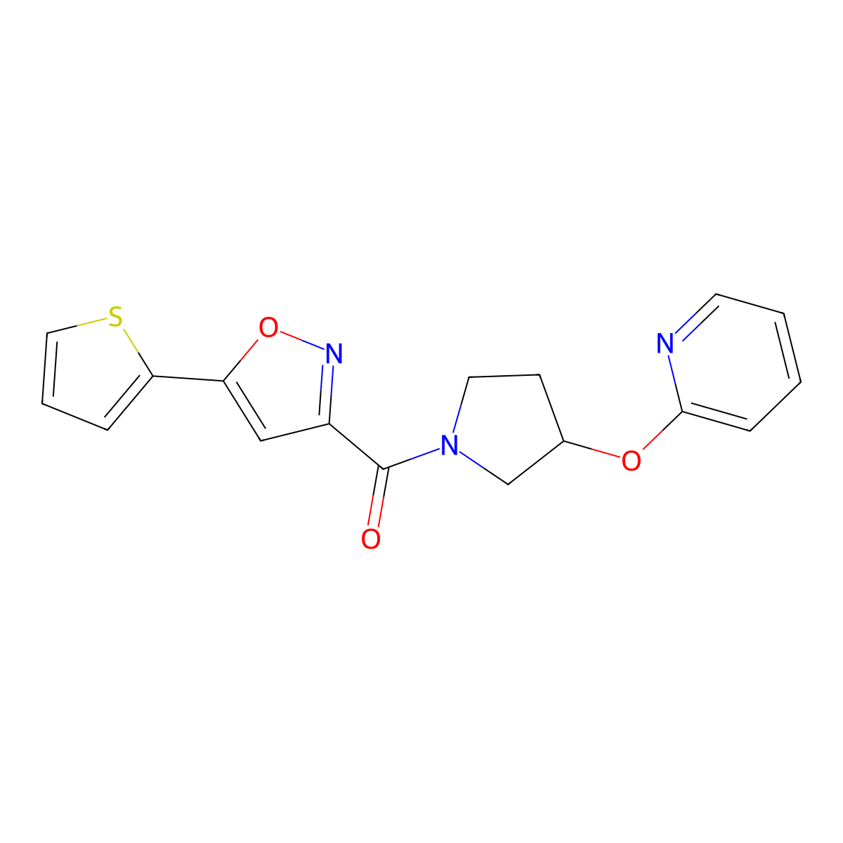 (3-(Pyridin-2-yloxy)pyrrolidin-1-yl)(5-(thiophen-2-yl)isoxazol-3-yl)methanone molecular structure, CAS 1904221-06-2