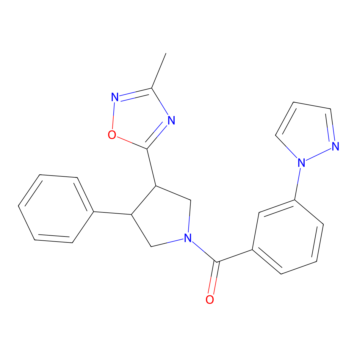 (3-(1H-pyrazol-1-yl)phenyl)(3-(3-methyl-1,2,4-oxadiazol-5-yl)-4-phenylpyrrolidin-1-yl)methanone molecular structure, CAS 1904225-70-2