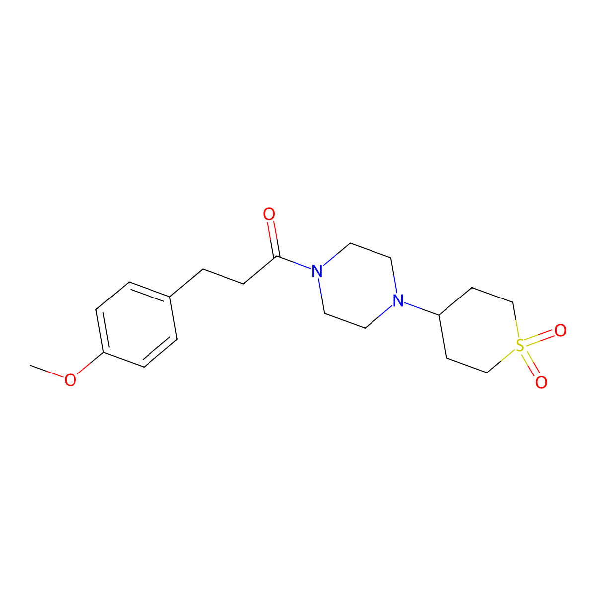 1-(4-(1,1-dioxidotetrahydro-2H-thiopyran-4-yl)piperazin-1-yl)-3-(4-methoxyphenyl)propan-1-one molecular structure, CAS 1904226-52-3