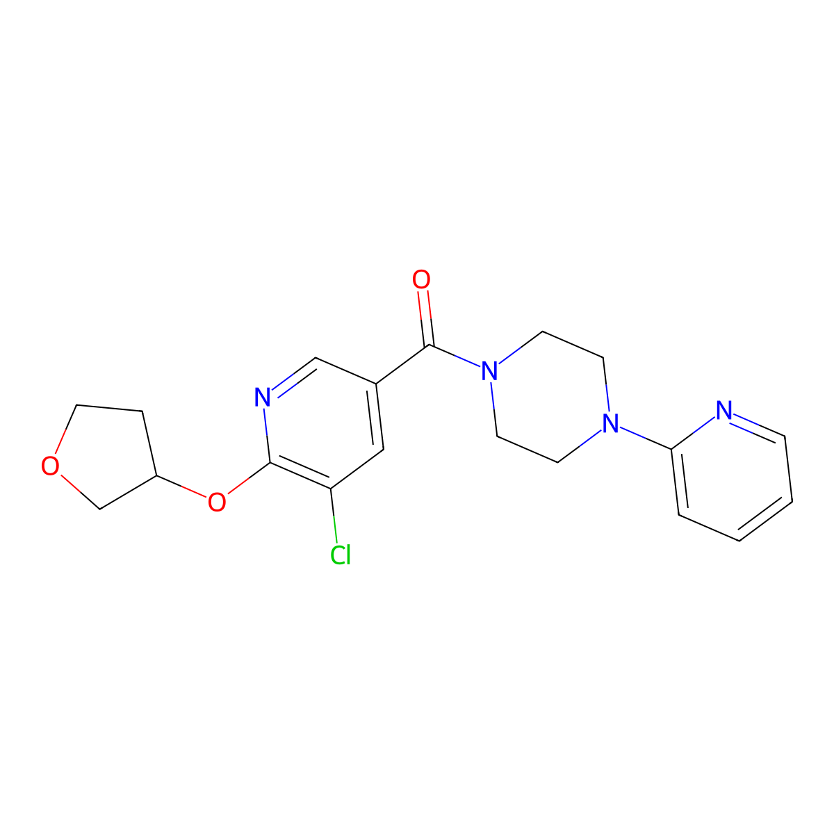 (5-Chloro-6-((tetrahydrofuran-3-yl)oxy)pyridin-3-yl)(4-(pyridin-2-yl)piperazin-1-yl)methanone molecular structure, CAS 1904226-74-9