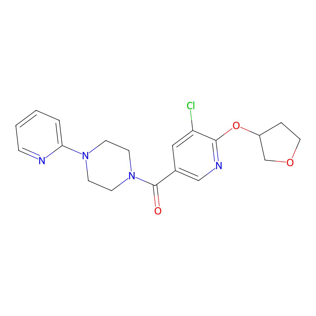(5-Chloro-6-((tetrahydrofuran-3-yl)oxy)pyridin-3-yl)(4-(pyridin-2-yl)piperazin-1-yl)methanone molecular structure, CAS 1904226-74-9