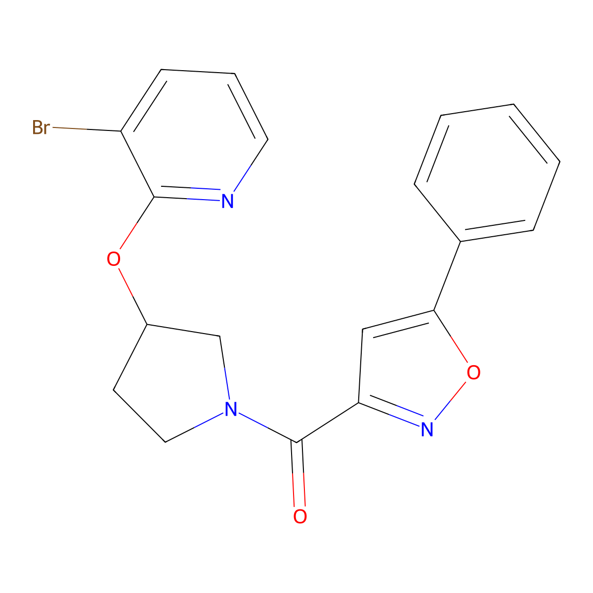 (3-((3-Bromopyridin-2-yl)oxy)pyrrolidin-1-yl)(5-phenylisoxazol-3-yl)methanone molecular structure, CAS 1904230-94-9