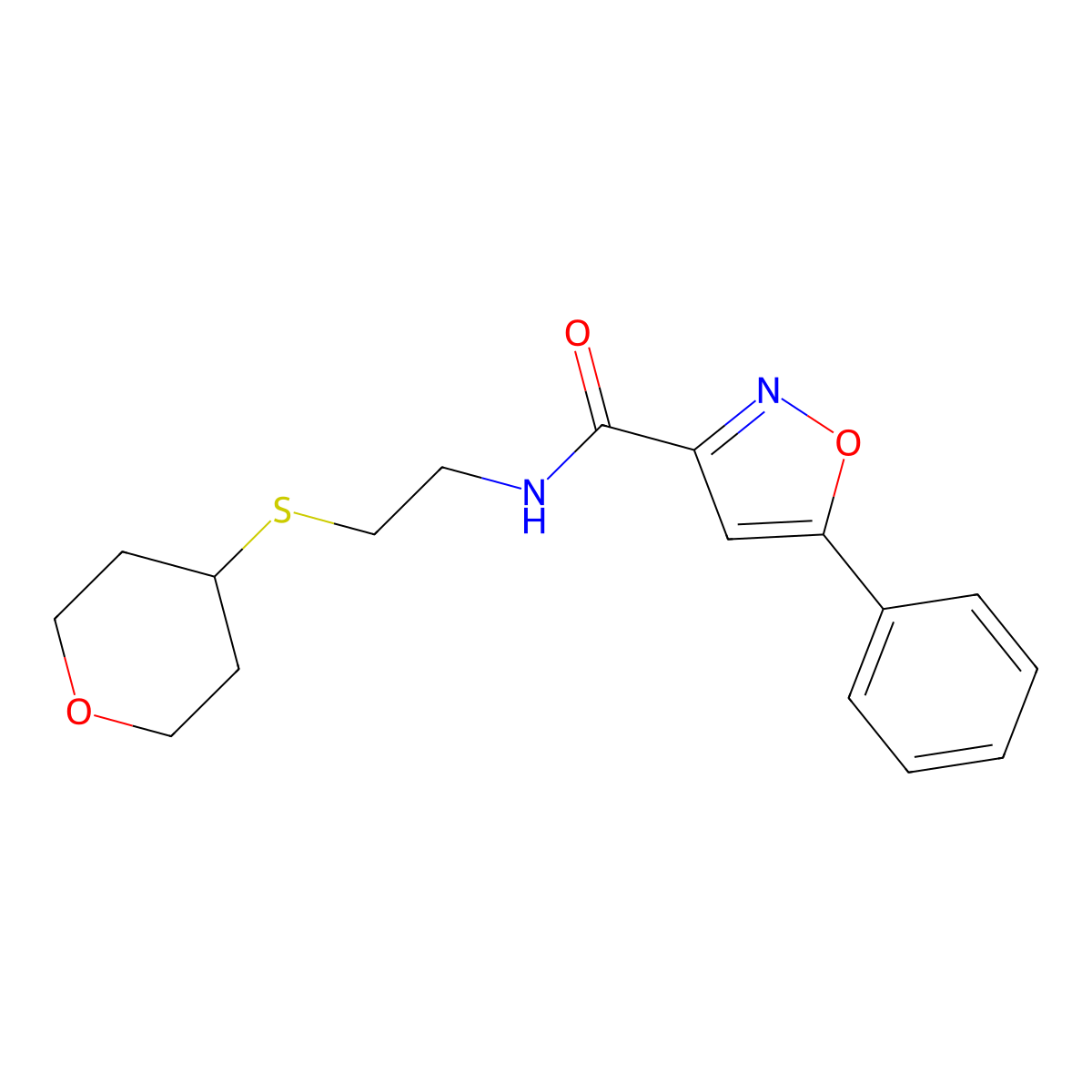 N-[2-(oxan-4-ylsulfanyl)ethyl]-5-phenyl-1,2-oxazole-3-carboxamide molecular structure, CAS 1904232-12-7