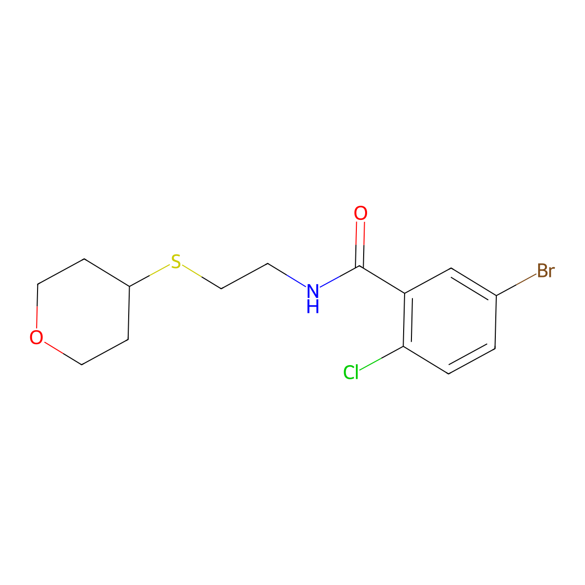 5-bromo-2-chloro-N-(2-((tetrahydro-2H-pyran-4-yl)thio)ethyl)benzamide molecular structure, CAS 1904232-43-4