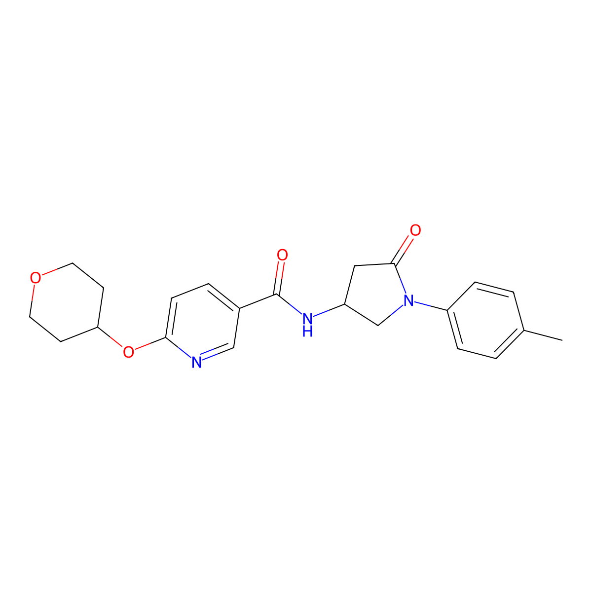 N-(5-oxo-1-(p-tolyl)pyrrolidin-3-yl)-6-((tetrahydro-2H-pyran-4-yl)oxy)nicotinamide molecular structure, CAS 1904244-11-6