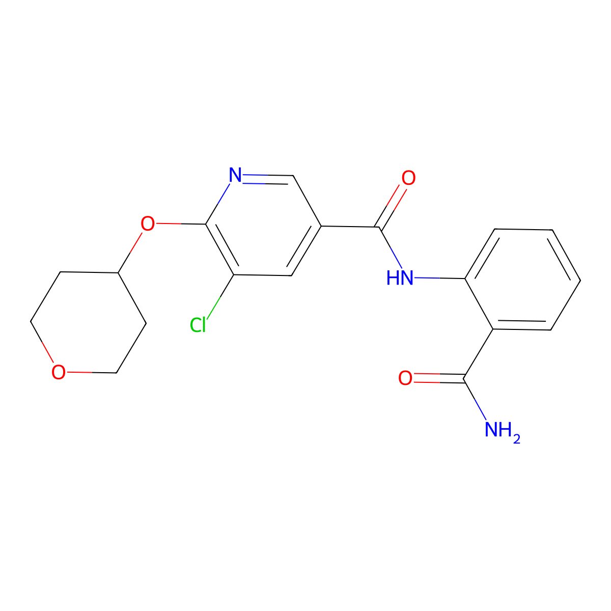 N-(2-carbamoylphenyl)-5-chloro-6-((tetrahydro-2H-pyran-4-yl)oxy)nicotinamide molecular structure, CAS 1904245-08-4
