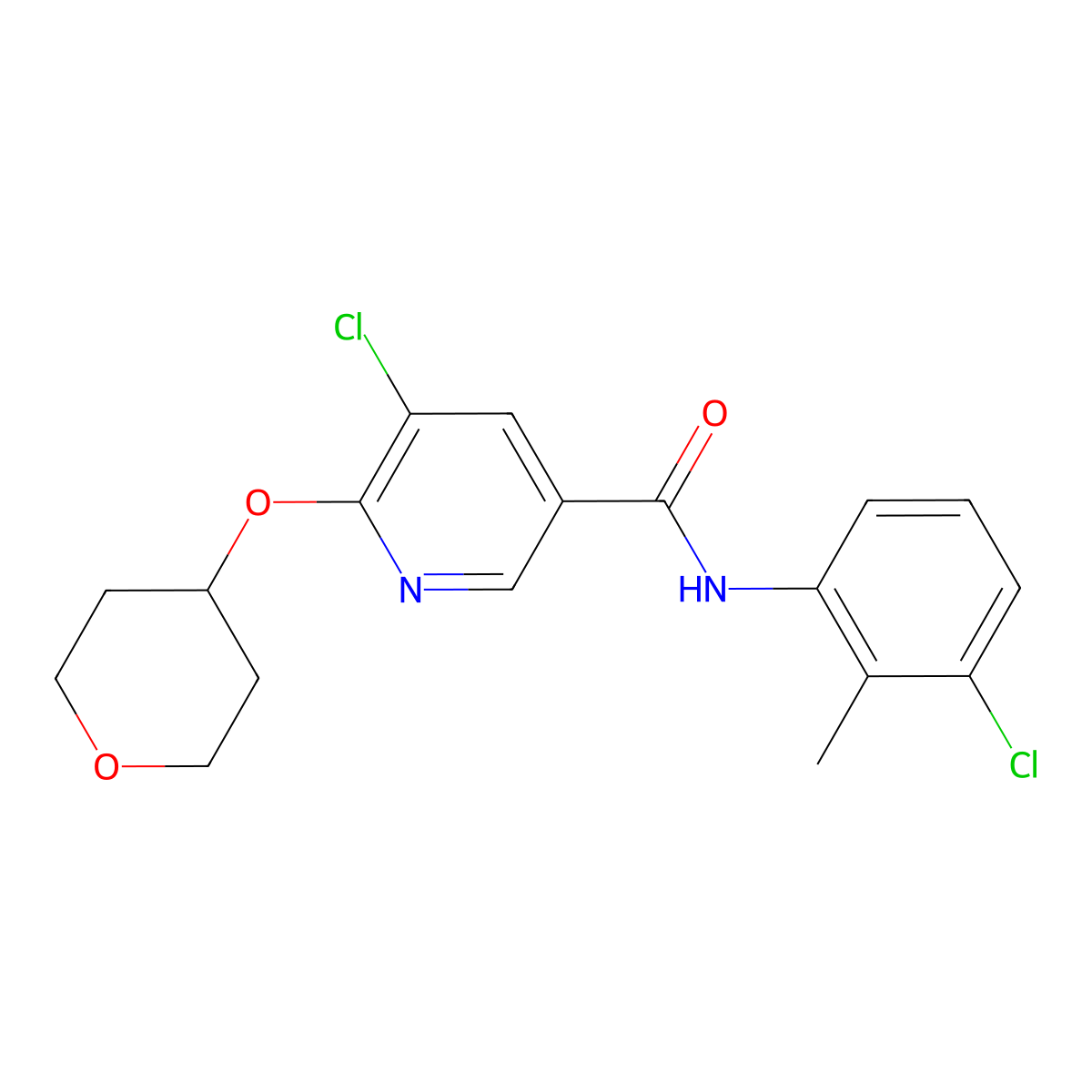 5-chloro-N-(3-chloro-2-methylphenyl)-6-(oxan-4-yloxy)pyridine-3-carboxamide molecular structure, CAS 1904245-37-9