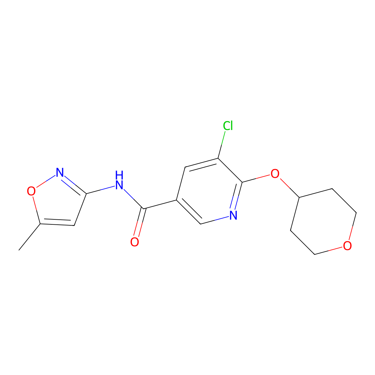 5-chloro-N-(5-methylisoxazol-3-yl)-6-((tetrahydro-2H-pyran-4-yl)oxy)nicotinamide molecular structure, CAS 1904245-50-6