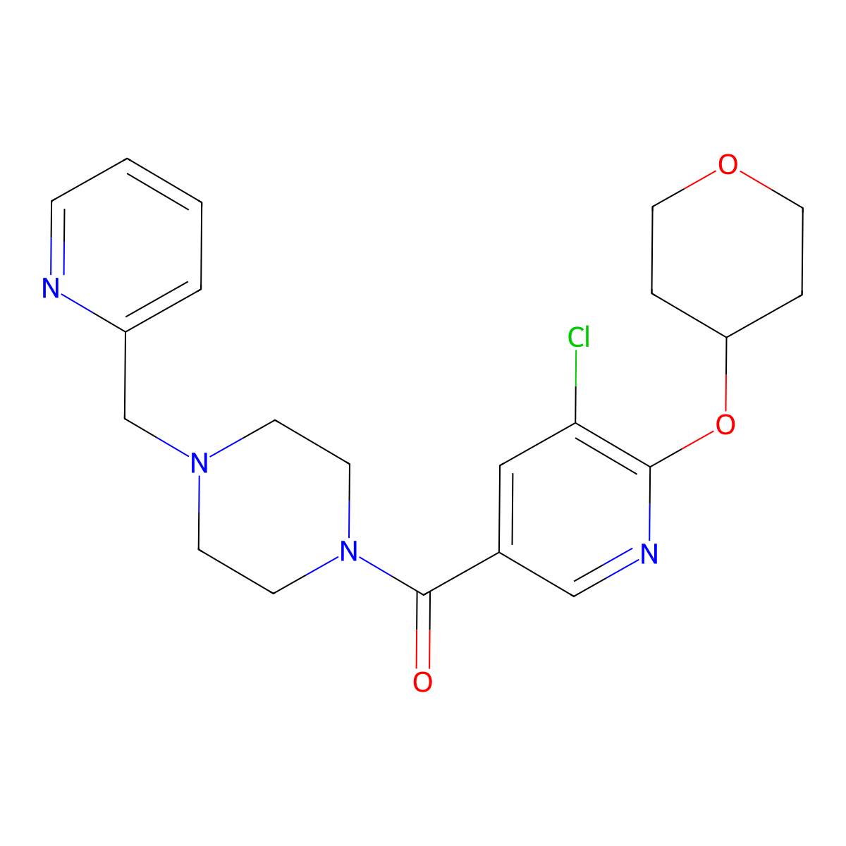 (5-chloro-6-((tetrahydro-2H-pyran-4-yl)oxy)pyridin-3-yl)(4-(pyridin-2-ylmethyl)piperazin-1-yl)methanone molecular structure, CAS 1904246-59-8
