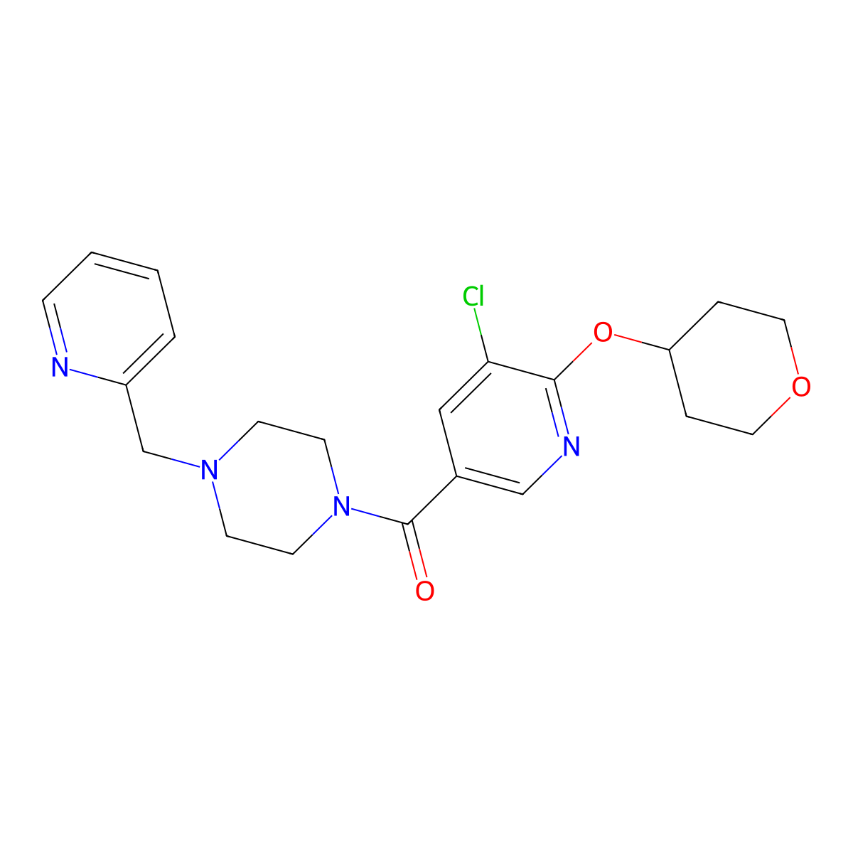 (5-chloro-6-((tetrahydro-2H-pyran-4-yl)oxy)pyridin-3-yl)(4-(pyridin-2-ylmethyl)piperazin-1-yl)methanone molecular structure, CAS 1904246-59-8