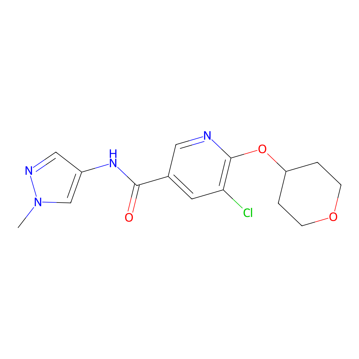 5-chloro-N-(1-methyl-1H-pyrazol-4-yl)-6-((tetrahydro-2H-pyran-4-yl)oxy)nicotinamide molecular structure, CAS 1904246-78-1